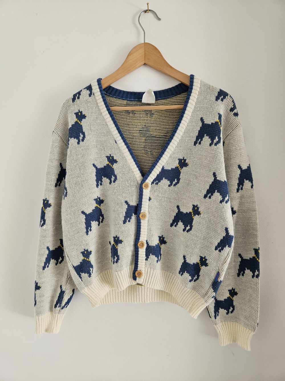 Vintage Jean Bourget Knit Cardigan Womens Large Dog Print 80s Made In France